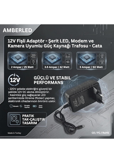 12v Fişli Adaptör 5 Amper 60 Watt - Şerit Led, Modem Ve Kamera Uyumlu Güç Kaynağı Trafosu - Cata