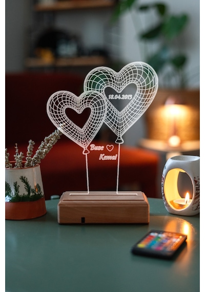Kişiye Özel 3D 2 Kalpli Balon Masaüstü Led Lamba