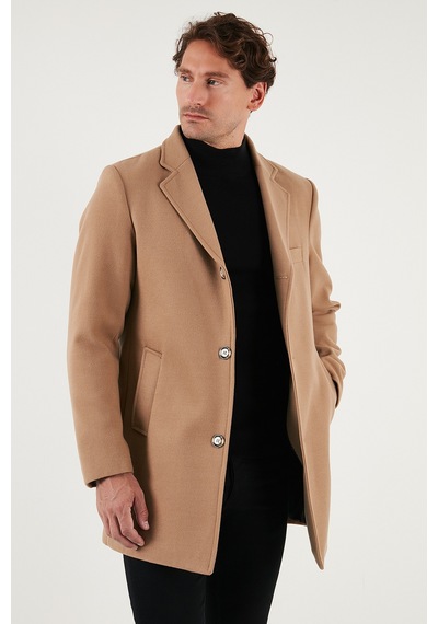 Buratti Slim Fit Tek Yırtmaçlı Düğmeli Mono Yaka Kaşe Erkek Kaban 5840098 Camel