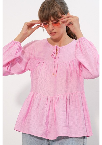 Hiccup Bdart Dokulu Bağlamalı Bluz Allık Pembe