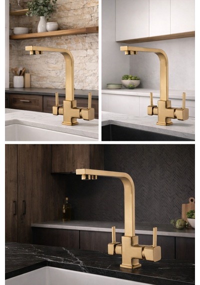 Rena Design Mat Gold Aritmali Mutfak Eviye Bataryasi 3 Yollu Kare Mutfak Musluk Prinç Garantili Altin Armatür