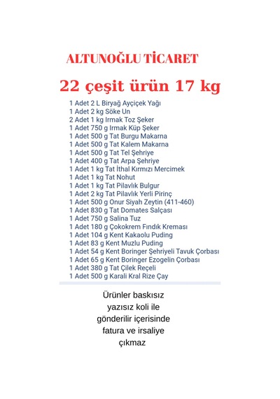 Ramazan Erzak Paketi Kumanya Yardım Kolisi 22 Çeşit Ürün 17 Kg