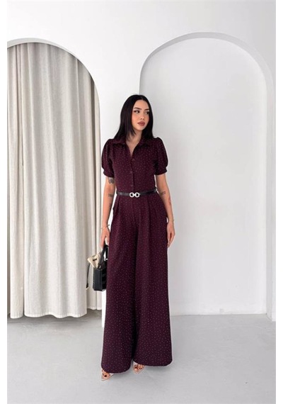 Neşeli Butik Kadın Bordo Kemer Detaylı Tam Boy Taşlı Gömlek Yaka Tulum Nbk4592
