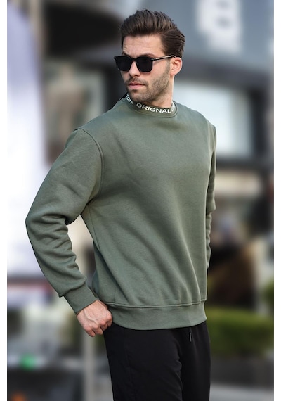 Madmext Haki Bisiklet Yaka Şardonlu Erkek Sweatshirt 7047-haki Haki