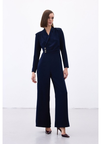 Sateen Fiyonk Aksesuarlı Krep Tulum - Lacivert-136703 Lacivert