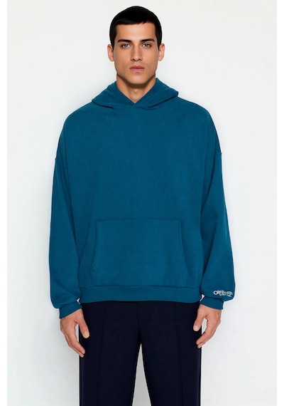 Benerly Erkek Kapüşonlu Standart Kol Oversize Kalıp Slogan Desenli Sweats Petrol