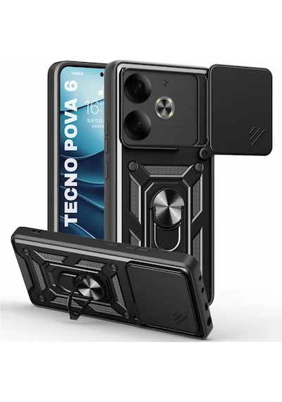 Tecno Pova 6 Uyumlu Tank Kılıf Yüzüklü Standlı Extra Darbe Koruma Zırhlı Outdoor Kapak - Siyah