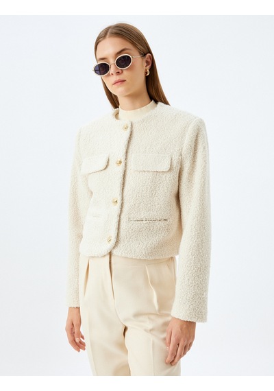 Koton Kapaklı Cep Detaylı Yakasız Crop Tüvit Blazer Ceket Ekru 5wak20059ew Ekru