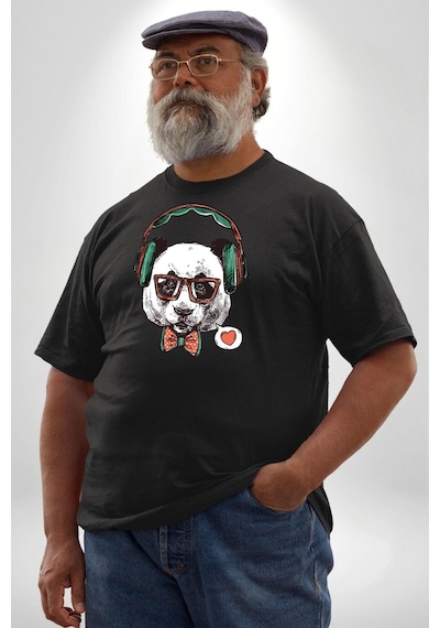 Angemiel Kulaklıklı Hipster Portre Panda Siyah Büyük Beden Erkek Kadın Unisex Basic Ön Baskılı Tişört Siyah