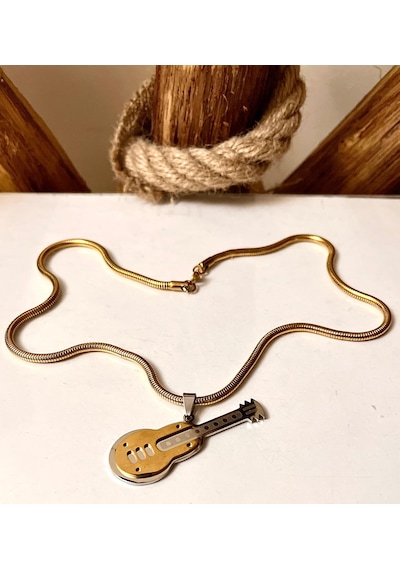 Kalın Çelik Burgu Zincir-gitar Figürlü Unisex Çelik Kolye 55cm Altın - Gümüş
