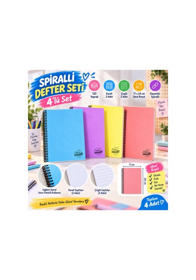 Spiralli Defter Seti 17x24 Cm 120 Yaprak 4'lü Set 2çizgili 2 Kareli Karışık Set - 921869814 Karışık Set