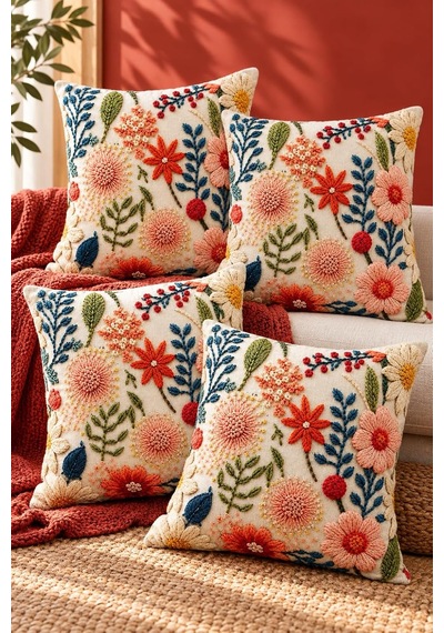 4'lü Set Çiçekli Dekoratif Kırlent Kılıfı 43x43 Cm, 3d Efektli Dijital Baskılı - Baharın Renkleri Çok Renkli