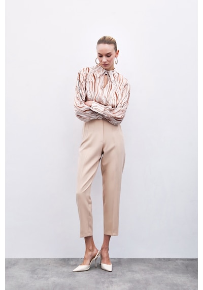 Sateen Yüksek Bel Pensli Pantolon - Bej-135629 Bej