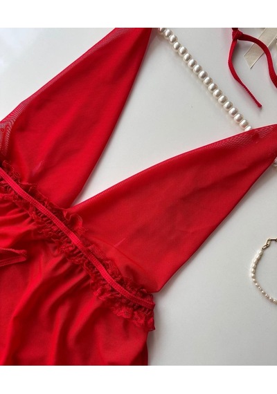 Kadın Boyundan Bağlamalı Derin Dekolte Tül Mini Gecelik/babydoll Kırmızı