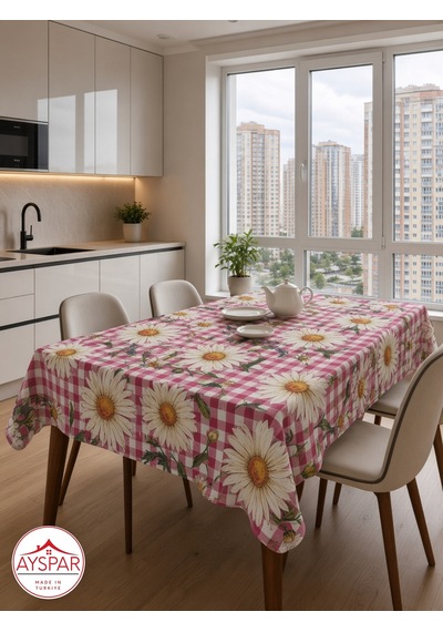 Masa Örtüsü 150x170 Cm Pembe Kareli Papatya Beyaz