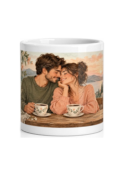 Seramik Kupa Romantik Çift Anları Baskılı 300 Ml Hediyelik Kahve Beyaz
