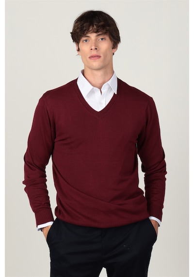 Tudors Slim Fit Dar Kesim V Yaka Pamuklu Erkek Kazak-8087 Bordo