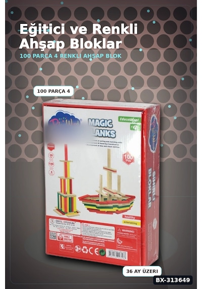 Ahşap Sihirli Bloklar 100 Parça Eğitici Oyuncak Kutusu - 36 Ay+ Çocuk Gelişim Seti Bx-313649