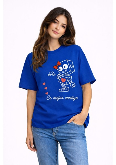 Sevgili Kombini Robot Baskılı Çift Tişört Oversize Unisex Partner Lacivert