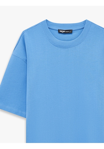 Koton Kısa Kollu Pamuklu Tok Kumaş Bisiklet Yaka Oversize Basic Tişört Mavi 6sam10385mk