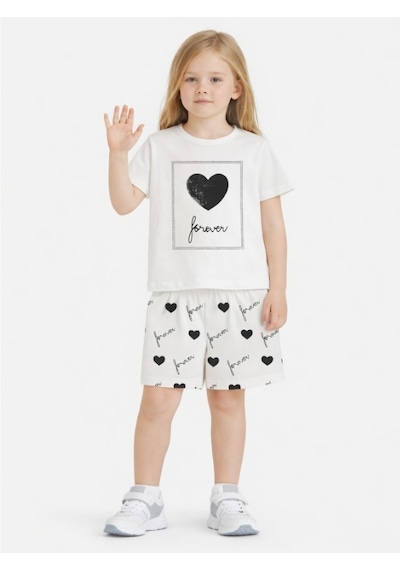 Name Baby & Kids Kız Çocuk Şortlu Yazlık Pijama Takımı Kalp Temalı Nbk-6146 Ekru