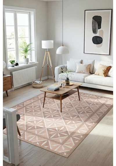 Artloop Nora Pudra Geometrik Desenli Dokuma Tabanlı Modern Şönil Halı Al 505 Bej