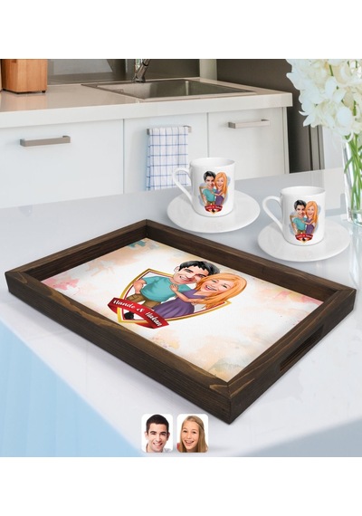 Kişiye Özel İsimli Sevgililer Karikatürlü Doğal Ahşap Tepsi Ve 2 Li Kahve Fincan Seti-80