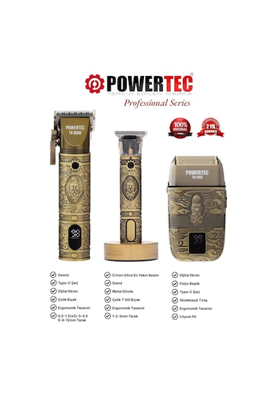 Powertec TR-8500 Saç Kesme Makinesi + TR-1818 Sakal Ense Çizim Makinesi + TR-950 Günlük Sakal Tıraş Makinesi