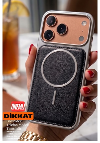 iPhone Uyumlu 13/14 Magsafe Özellikli Arkası Deri Metalik Kenarlı Yumuşak Silikon Telefon Kılıfı Siyah
