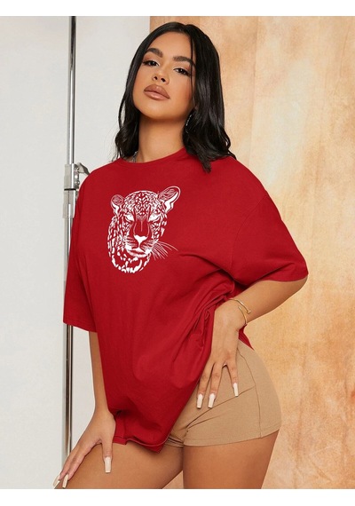 Flood Of Style Kadın Kırmızı Leopar Figür Baskılı Oversize T-shirt