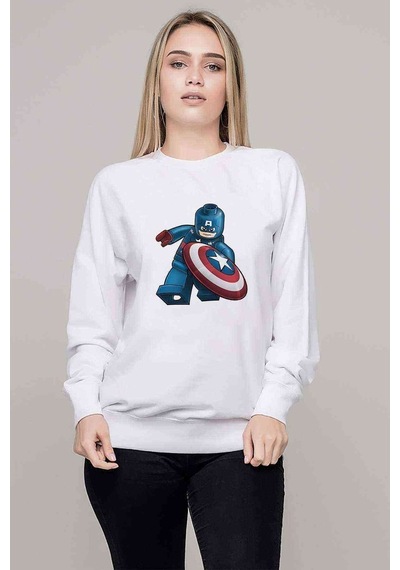 Captain America Lego Baskılı Beyaz Kadın Sweatshirt