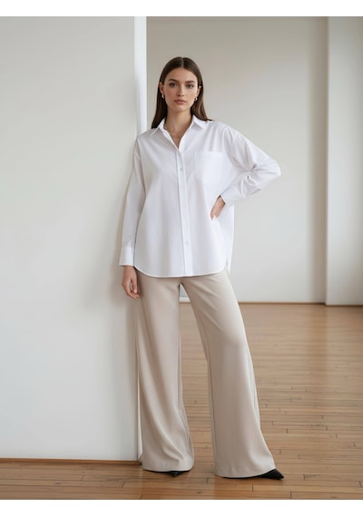 Pera Moda Oversize Arkası Uzun Önü Kısa Poplin Gömlek Beyaz