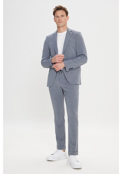 Ac&co Erkek Grı Slim Fit Mono Yaka Beli Bağlamalı Gofre Desenli Takım Elbise Gri