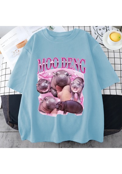 Flood Of Style Tayland Yılında Moo Deng Bouncy Domuz Bebek Komik Meme T-shirt Erkekler Kadınlar Kawaii T-shi Mavi