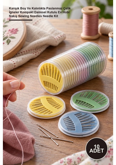 10 Adet Dikiş İğnesi Seti Karışık Boy Ve Kalınlıkta Paslanmaz Çelik İğneler Kompakt Dairesel Kutulu Ev Hobi Nakış Sewing Needles Needle Kit Altın
