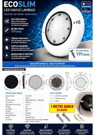 Ecoslim 72 Led 20w Mavi Sıva Üstü Havuz Aydınlatma Lambası