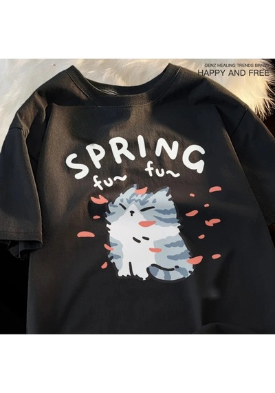 Startmore Siyah Karikatür Sevimli Kedi Ve Köpek Desen Eğlenceli Tshirt Bol Tees Sokak Serin Kısa Siyah