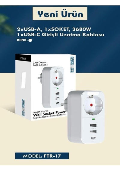 Ftr017 3in1 Termal Akım Korumalı 2usb-a 1soket 3680w 1 Pd Type