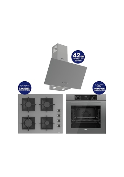 Flowart Digital QBL63CPR+SC208-FA+D088SA Gri Kaymaz Döküm Izgaralı Cam Ankastre Set