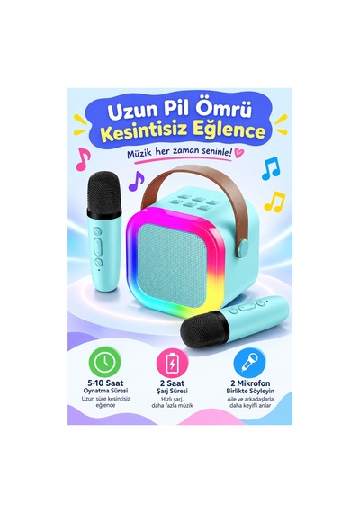 Robeve Blic 2 Mikrofonlu Çocuk Karaoke Hoparlör Ve Bluetooth Hoparlör Led Işıklı Mini Karaoke Seti, 6 Farklı Ses Efekti, Uzun Pil Ömrü, Taşınabilir Çocuk Mikrofonu Ve Çocuk Müzik Aleti Mavi