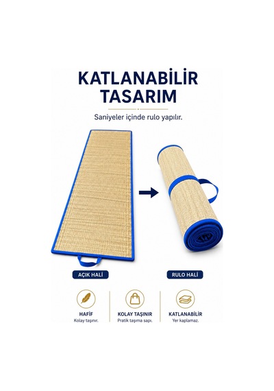 2 Adet Hasır Mat, Plaj - Kamp Matı, 60x180 Cm Krem