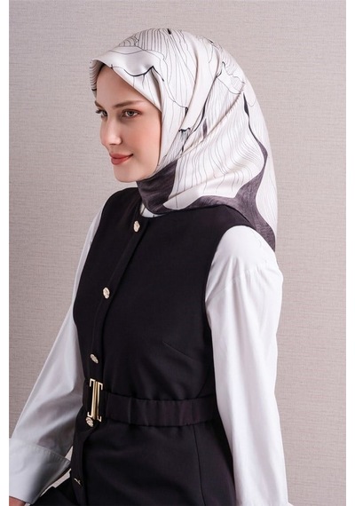 Armine Tivil Saf İpek Eşarp 9639 03 Krem Antrasit Çiçek Desen