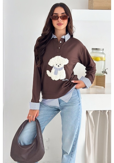 Kadın Nakış Peluş Ayıcık Figürlü Sweatshirt Eğlenceli & Şehirli Stil Kahverengi