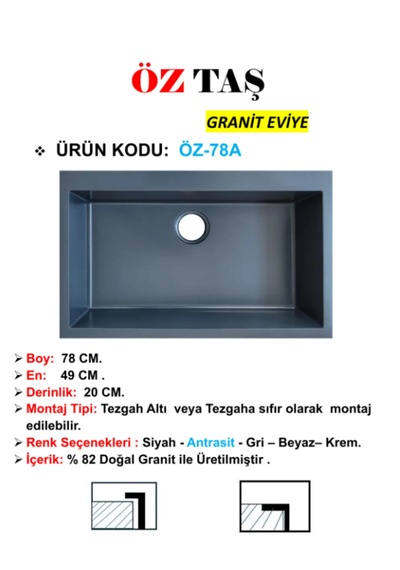 Öztaş ÖZ-78a Granit Mutfak Eviye Antrasit Tek Gözlü 50 x 78 CM