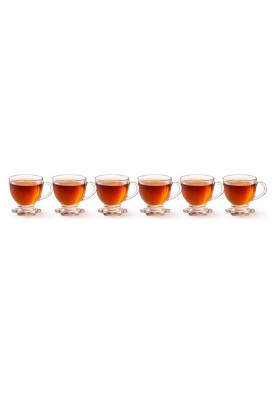 Tr 6'li Cam Çay Fincanı Seti 210 Ml Yıldız Ayaklı Kendinden Desenli Kulplu Çay,kahve Fincanı Takımı Şeffaf Genel