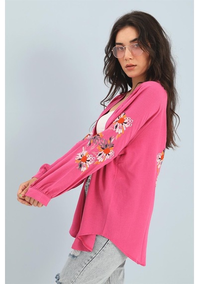 Wpr Kimono Reglan Kol Nakışlı Keten - Fuşya-fuşya Fuşya