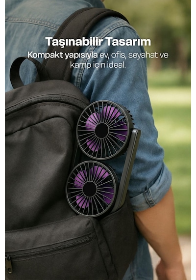 Taşınabilir Çift Başlıklı Sessiz Vantilatör Type-c Girişli, 3 Kademeli Mini Fan