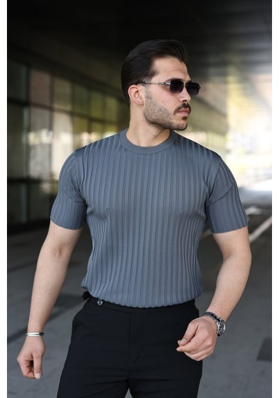 Veraura Lifestyle Erkek Fitilli Bisiklet Yaka Kısa Kollu Tişört Antrasit