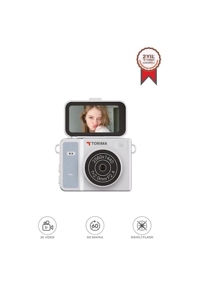 Torima Mini Dijital Kamera 2k Flip Ekranlı Selfie Video Vlog Kamerası Cmr46 Mavi