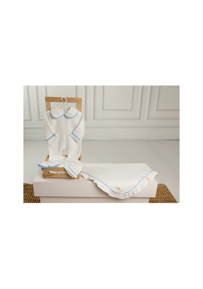 Tlyhometextiles 4 Lü Müslin Hastane Çıkışı Seti Mavi Puantiyeli %100 Pamuk, 0-3 Ay
